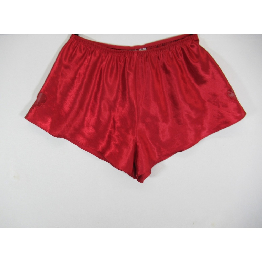 Vtg Lord & Taylor Shiny Satin Pajama Shorts Women S Red Embroidered Hearts Sexy